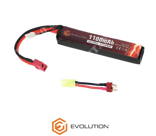 Batería de litio Evolution Li-Po Ultra Power de 11,1 V y 1100 mAh, con pico de 20 a 40 C y conector en T + adaptador (16,3 x 20 x 103 mm)