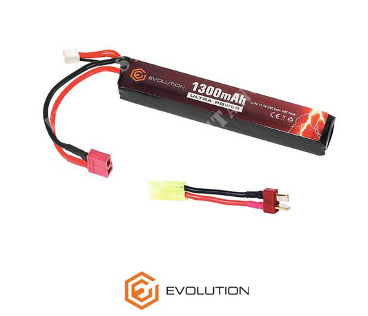 Batería de litio Evolution Li-Po Ultra Power de 11,1 V y 1300 mAh, con pico de 20 a 40 C y conector en T + adaptador (18 x 21 x 130 mm)