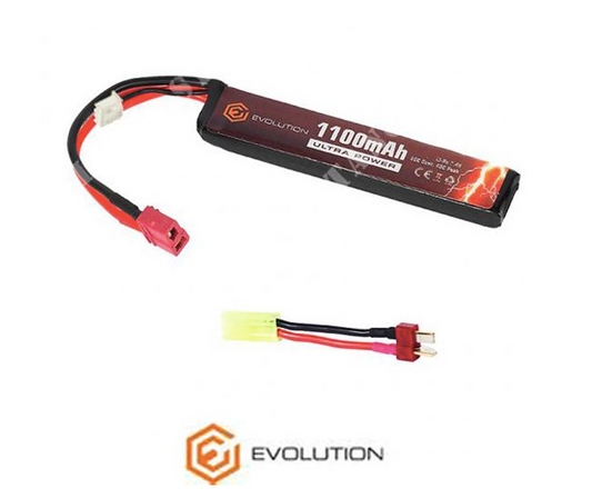 Batería de litio Evolution Li-Po Ultra Power de 7,4 V y 1100 mAh, con pico de 20 a 40 C, con conector en T y adaptador (11,2 x 20 x 103 mm)