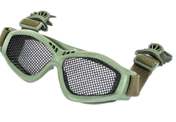 Gafas de malla de acero Black River con clip rápido para casco, color verde oscuro